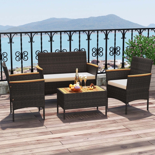 Costway 4 PCS Patio Wicker Sofa Set with Coffee Table Acacia Wood Armrests & Tabletop