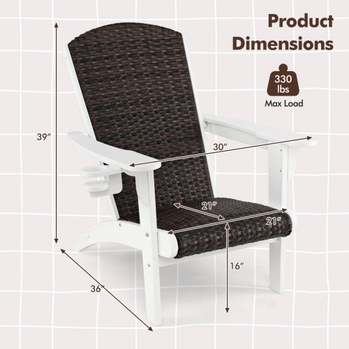 Costway Patio Adirondack Chair with Rattan Padded Seat Wide Armrests & Hidden Cupholder