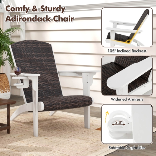 Costway Patio Adirondack Chair with Rattan Padded Seat Wide Armrests & Hidden Cupholder