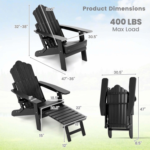Costway Patio Adirondack Chair All-Weather HIPS Lounge Chair with Retractable Footrest Black/Brown/Gray/Navy