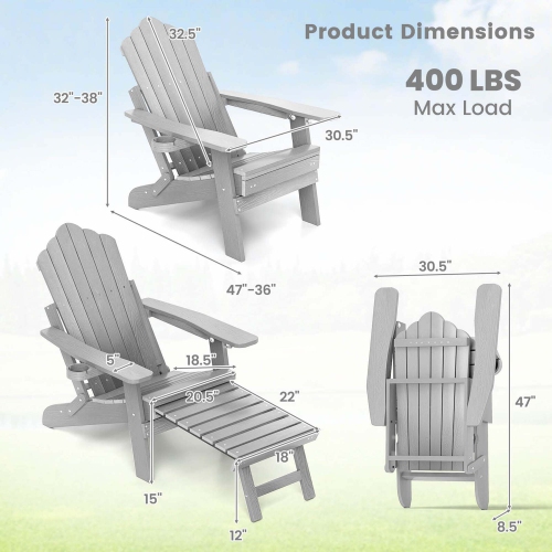 Costway Patio Adirondack Chair All-Weather HIPS Lounge Chair with Retractable Footrest Black/Brown/Gray/Navy
