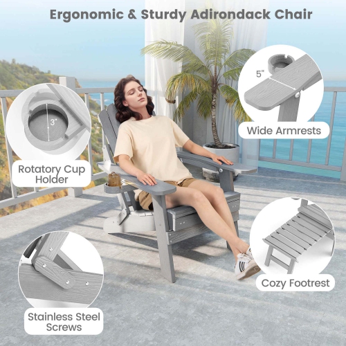 Costway Patio Adirondack Chair All-Weather HIPS Lounge Chair with Retractable Footrest Black/Brown/Gray/Navy