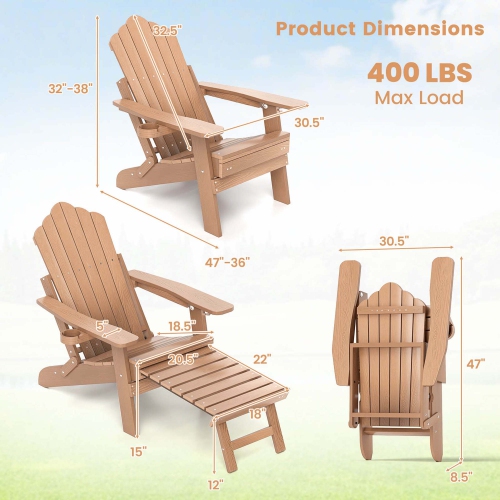Costway Patio Adirondack Chair All-Weather HIPS Lounge Chair with Retractable Footrest Black/Brown/Gray/Navy