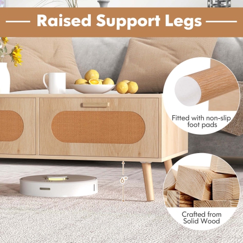 Costway Rattan Coffee Table Mid Century Modern Center Table with 2 Storage Drawers