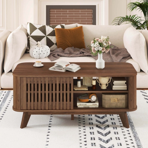 Costway Coffee Table with Storage Adjustable Shelves & 2 Doors Wood Cocktail Table