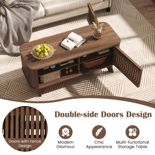 Costway Coffee Table with Storage Adjustable Shelves & 2 Doors Wood Cocktail Table