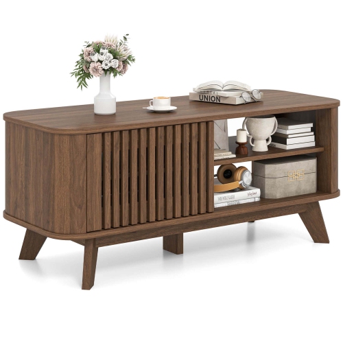 Costway Coffee Table with Storage Adjustable Shelves & 2 Doors Wood Cocktail Table