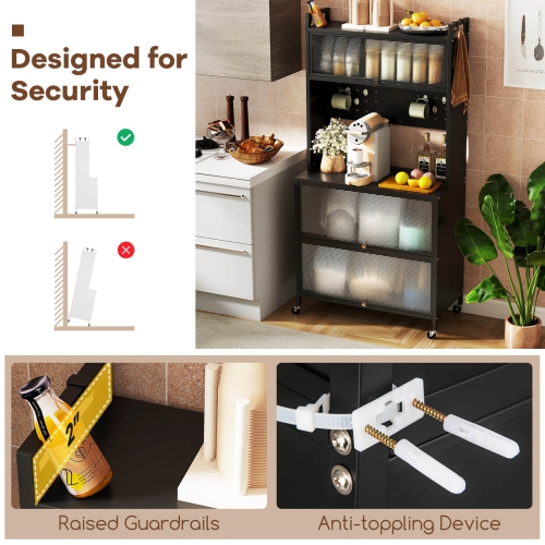 Support à 5 niveaux pour pâtisserie de Costway avec armoires à porte rabattable Panneau perforé et crochets Blanc/Noir