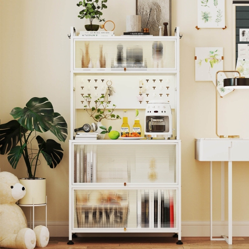 Support à 5 niveaux pour pâtisserie de Costway avec armoires à porte rabattable Panneau perforé et crochets Blanc/Noir