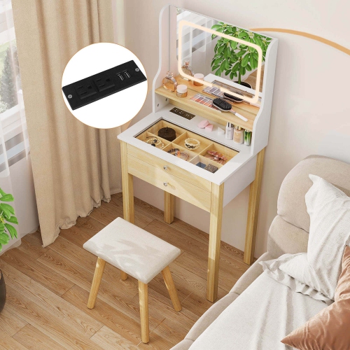 Costway Small Vanity Desk Set with Adjustable LED Lighted Mirror and Power Outlets White
