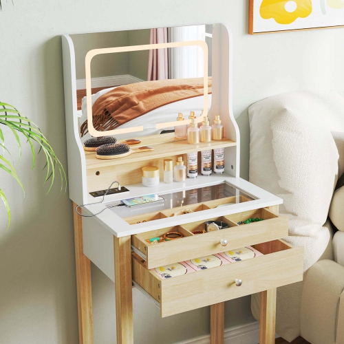 Costway Small Vanity Desk Set with Adjustable LED Lighted Mirror and Power Outlets White