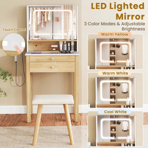 Costway Small Vanity Desk Set with Adjustable LED Lighted Mirror and Power Outlets White