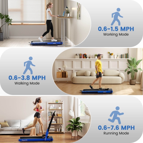 Superfit 3-in-1 Folding Treadmill with Smart Apps Remote Control LED Display and Speakers Blue/Silver