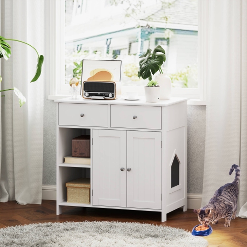 Armoire à litière pour chats avec 2 tiroirs, portes doubles, tablettes ouvertes, intérieur moderne de Costway