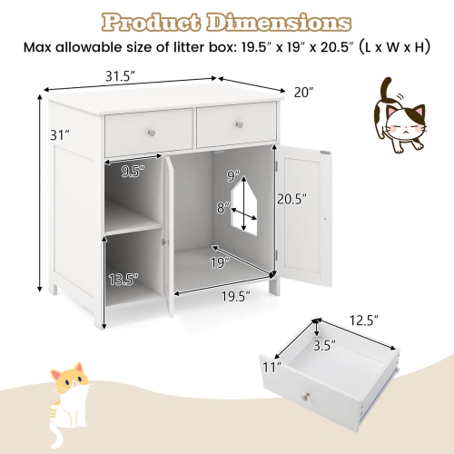 Armoire à litière pour chats avec 2 tiroirs, portes doubles, tablettes ouvertes, intérieur moderne de Costway