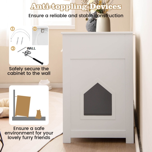 Armoire à litière pour chats avec 2 tiroirs, portes doubles, tablettes ouvertes, intérieur moderne de Costway