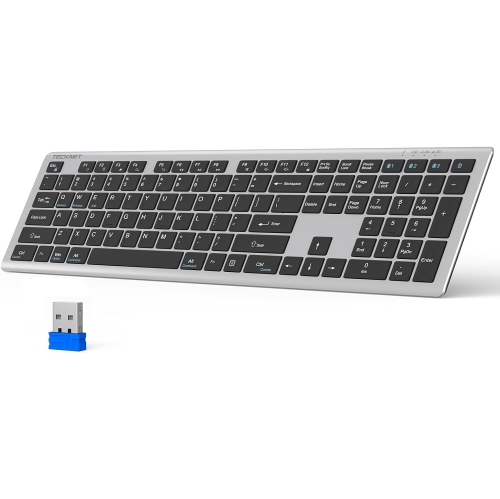 TECKNET Bluetooth Wireless Keyboard – 4-Device Multi-Connection, Rechargeable, Ultra Slim, Quiet Typing, 15m Range, 110 Keys, 12 Multimedia Keys, Grey