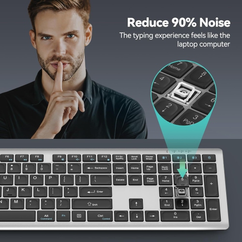 TECKNET Bluetooth Wireless Keyboard – 4-Device Multi-Connection, Rechargeable, Ultra Slim, Quiet Typing, 15m Range, 110 Keys, 12 Multimedia Keys, Grey