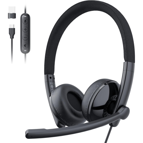 EMEET HS50 Wired Headset with Mic - On-Ear Computer Headphones with Noise Cancelling Microphone, USB-A/USB-C, Adjustable Design, In-line Control for