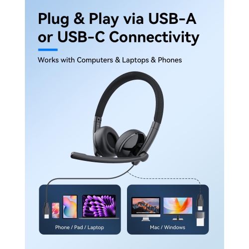 EMEET HS50 Wired Headset with Mic - On-Ear Computer Headphones with Noise Cancelling Microphone, USB-A/USB-C, Adjustable Design, In-line Control for