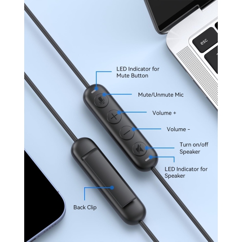 EMEET HS50 Wired Headset with Mic - On-Ear Computer Headphones with Noise Cancelling Microphone, USB-A/USB-C, Adjustable Design, In-line Control for