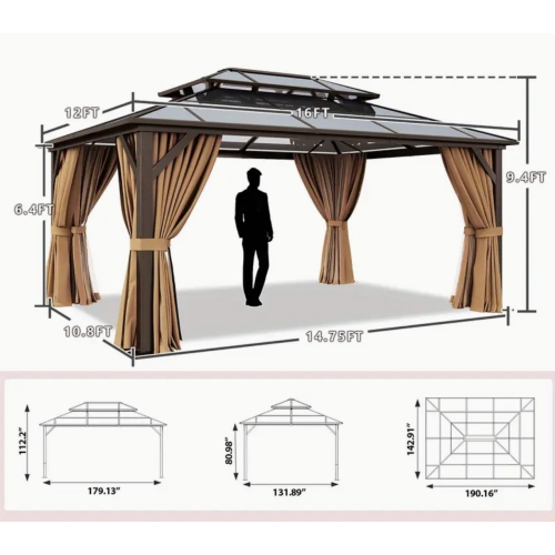 Abri de jardin à toit rigide de 12 x 16 pi avec auvent toutes saisons | Cadre en aluminium robuste et auvent double toit en polycarbonate d'extérieur