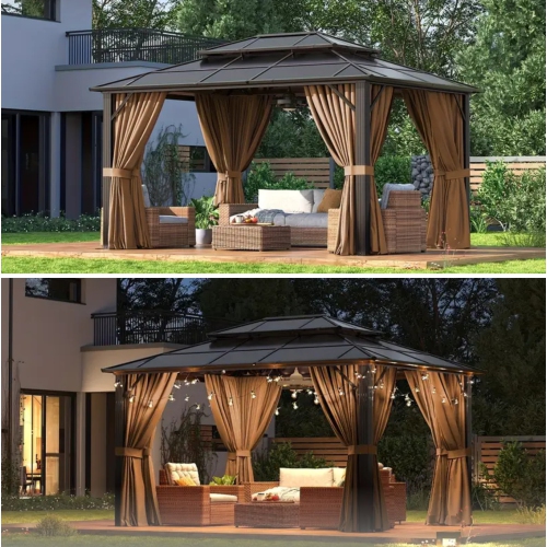 Abri de jardin à toit rigide de 12 x 16 pi avec auvent toutes saisons | Cadre en aluminium robuste et auvent double toit en polycarbonate d'extérieur