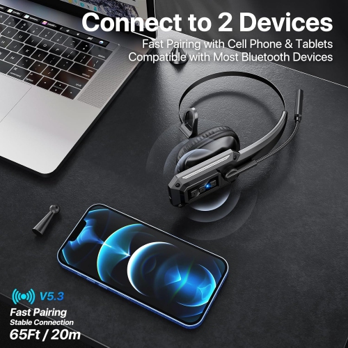 Bluetooth Headset with Noise Cancelling Microphone & Mute Button – 60Hrs Working Time, Wireless On-Ear Headphones for Work, Cellphone, Laptop, Office