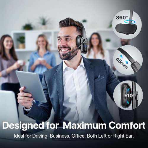 Bluetooth Headset with Noise Cancelling Microphone & Mute Button – 60Hrs Working Time, Wireless On-Ear Headphones for Work, Cellphone, Laptop, Office