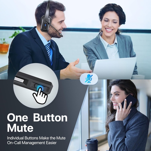 Bluetooth Headset with Noise Cancelling Microphone & Mute Button – 60Hrs Working Time, Wireless On-Ear Headphones for Work, Cellphone, Laptop, Office
