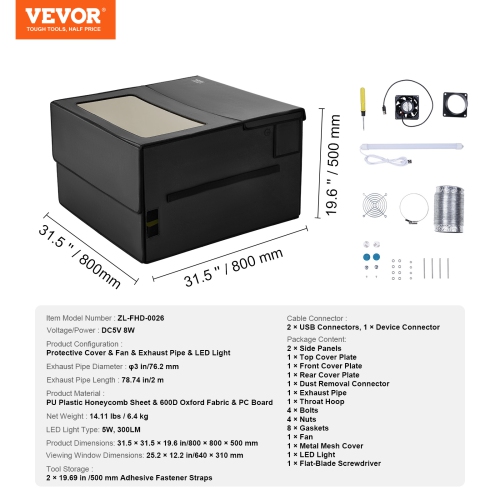Boîtier de gravure laser VEVOR 31,5 x 31,5 x 19,6", ignifuge et couvercle de protection ignifuge, avec ventilateur d'échappement et tuyau, isole la