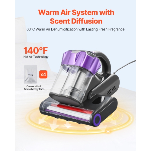 VEVOR 550W Mattress Vacuum Cleaner,Bed Vacuum Cleaner with 18Kpa Powerful Suction and Dual Dust Bin, HEPA Filter & Heating,Ultrasound Tech & Cleaning