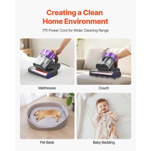 VEVOR 550W Mattress Vacuum Cleaner,Bed Vacuum Cleaner with 18Kpa Powerful Suction and Dual Dust Bin, HEPA Filter & Heating,Ultrasound Tech & Cleaning