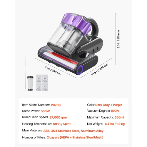 VEVOR 550W Mattress Vacuum Cleaner,Bed Vacuum Cleaner with 18Kpa Powerful Suction and Dual Dust Bin, HEPA Filter & Heating,Ultrasound Tech & Cleaning