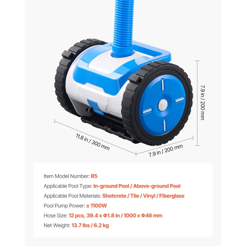 VEVOR 20 x 40 ft Suction Pool Cleaner, Automatic Pool Vacuum Cleaner, Suction Side Automatic Pool Cleaner, Suction Vacuum Pool Sweeper with 2 Wheels,