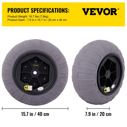 VEVOR 2-Pack Beach Balloon Wheels, 15.7" Replacement Sand Tires, TPU Cart Tires for Kayak Dolly, Canoe Cart and Buggy with Free Air Pump