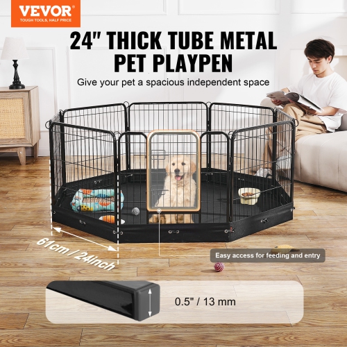 VEVOR 8 Pcs Dog Playpen, 24 x 24 in Panels Foldable Metal Pet Exercise Pen, Dog Fence Indoor and Outdoor Pen with Door, Storage Bag and Bottom Pad,