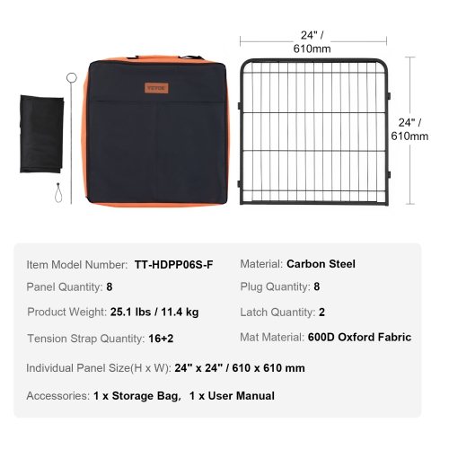 VEVOR 8 Pcs Dog Playpen, 24 x 24 in Panels Foldable Metal Pet Exercise Pen, Dog Fence Indoor and Outdoor Pen with Door, Storage Bag and Bottom Pad,