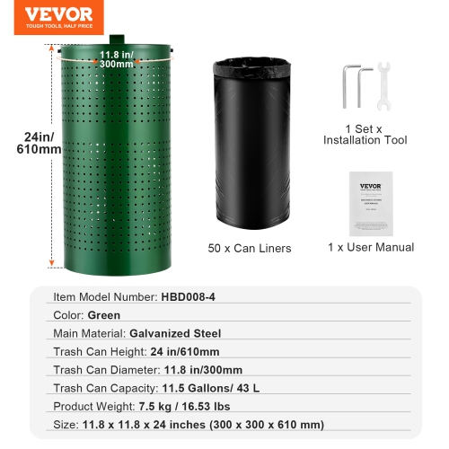 VEVOR 11.5 Gallons Dog Poop Trash Can with 50 Liner Bags, Outdoor Dog Waste Bin with Lid & Liner Clip for Pet Waste Station, Dog Waste Disposal