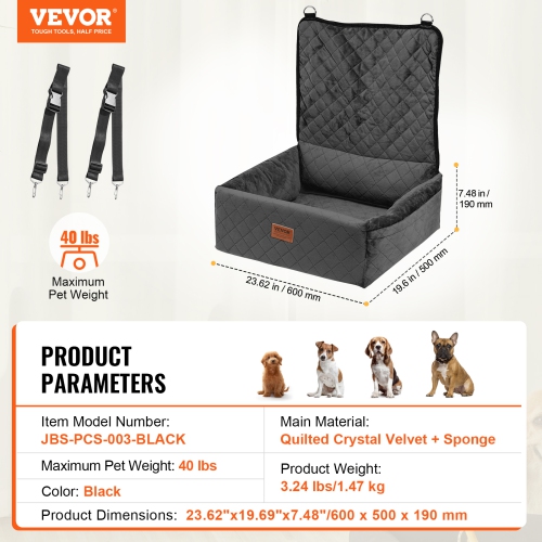 VEVOR 40lbs Dog Car Seat, Dog Booster Seat for Car with A Storage Pocket, Clip-On Safety Leash, Sponge and PP Cotton Filling, Dog Car Bed for Small &