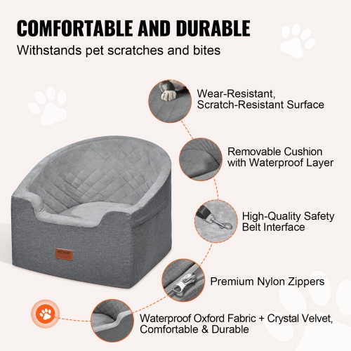 VEVOR 55lbs Dog Car Seat, Waterproof Dog Booster Seat for Car with A Storage Pocket, Clip-On Safety Leash and Sponge Filling, Dog Car Bed for Small &