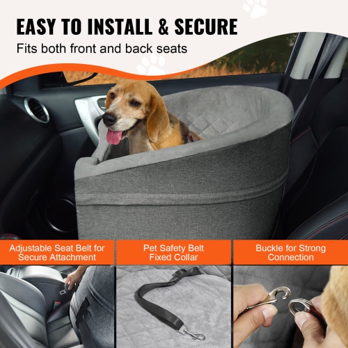 VEVOR 55lbs Dog Car Seat, Waterproof Dog Booster Seat for Car with A Storage Pocket, Clip-On Safety Leash and Sponge Filling, Dog Car Bed for Small &