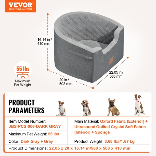 VEVOR 55lbs Dog Car Seat, Waterproof Dog Booster Seat for Car with A Storage Pocket, Clip-On Safety Leash and Sponge Filling, Dog Car Bed for Small &