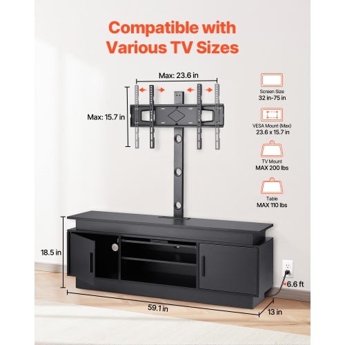 VEVOR 60" TV Stand with Mount for up to 75 in TVs, Entertainment Center with Power Outlet & LED Lights, Height Adjustable TV Console with Mount with