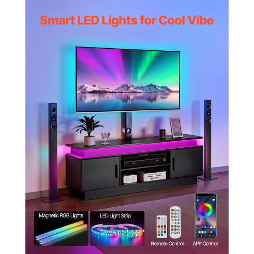 VEVOR 52" TV Stand with Mount for up to 75 in TVs, Entertainment Center with Power Outlet & LED Lights, Height Adjustable TV Console with Mount with