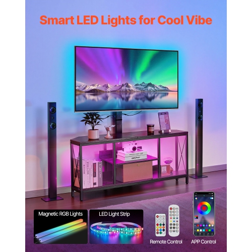 VEVOR 45" TV Stand with Mount for up to 75 in TVs, Entertainment Center with Power Outlet & LED Lights, Height Adjustable TV Console with Mount with