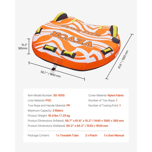VEVOR 1-2 Riders Inflatable Towable Tube for Boat to Pull, 340lbs Capacity Boat Tubes and Towables for Water Sports - with Fins, Double-Stitched
