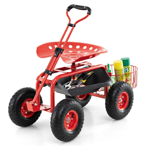 Costway Garden Cart Patio Wagon Roll Work Seat with Tray Basket Extendable Handle Blue/Red/Green