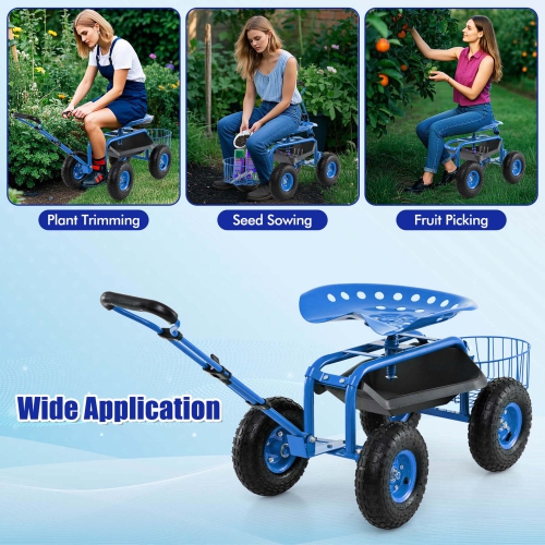Costway Garden Cart Patio Wagon Roll Work Seat with Tray Basket Extendable Handle Blue/Red/Green