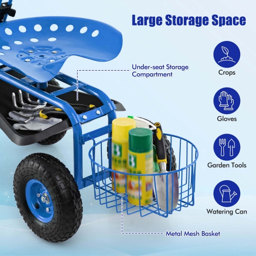 Costway Garden Cart Patio Wagon Roll Work Seat with Tray Basket Extendable Handle Blue/Red/Green
